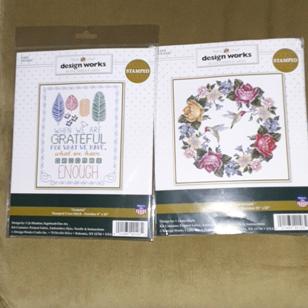 Design Works Stamped Cross Stitch Floral Wreath & Gratitude Set Of 2